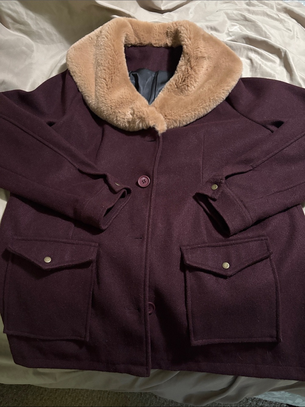 Yellowstone Women's Faux Fur Collar Wool-Blend Coat in Plum - Picture 2 of 3
